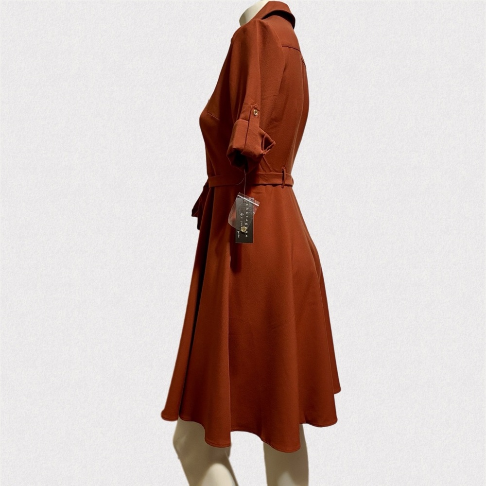 Sharagano Terracotta Midi Dress NWT Petite 4P Button Front Belted Work - Picture 5 of 7
